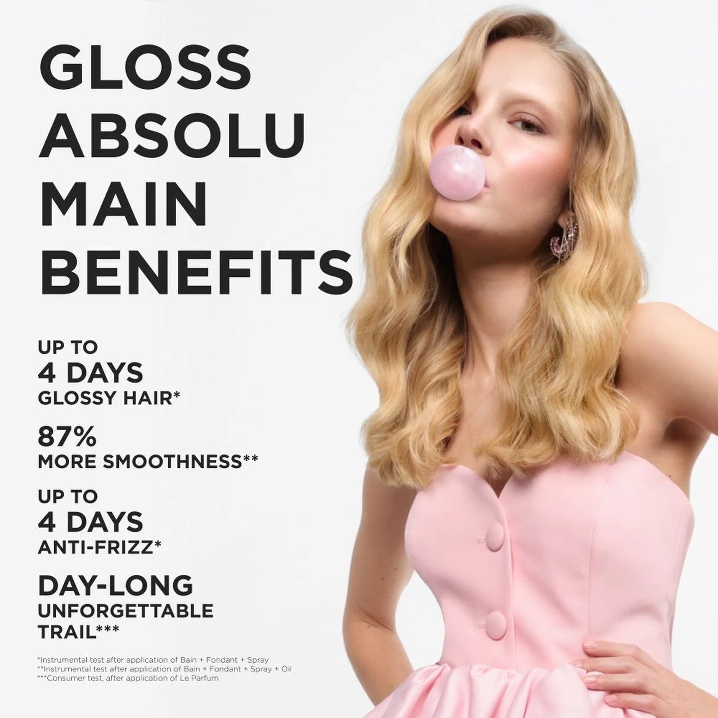 Woman blowing bubble gum with text about Gloss Absolu hair product benefits on a white background