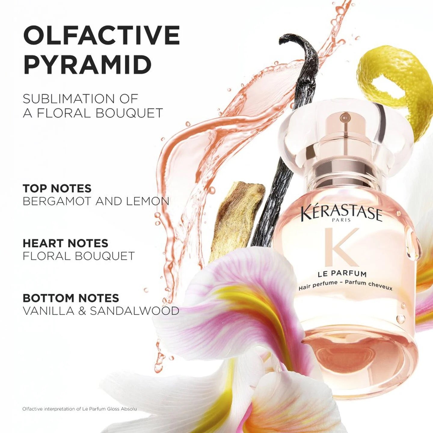 Kérastase hair perfume with floral elements and notes on a white background