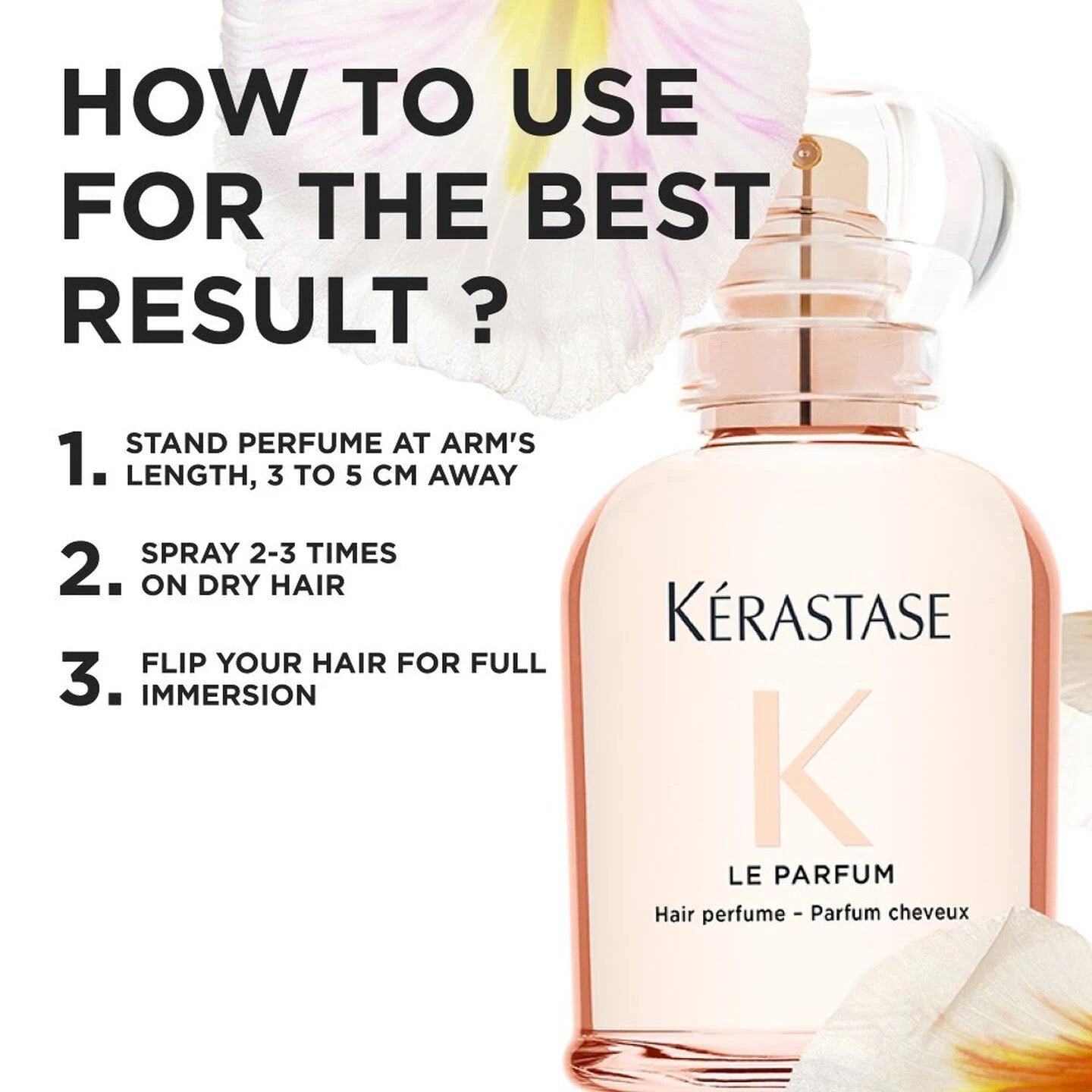 Kérastase hair perfume bottle with usage instructions on a white background