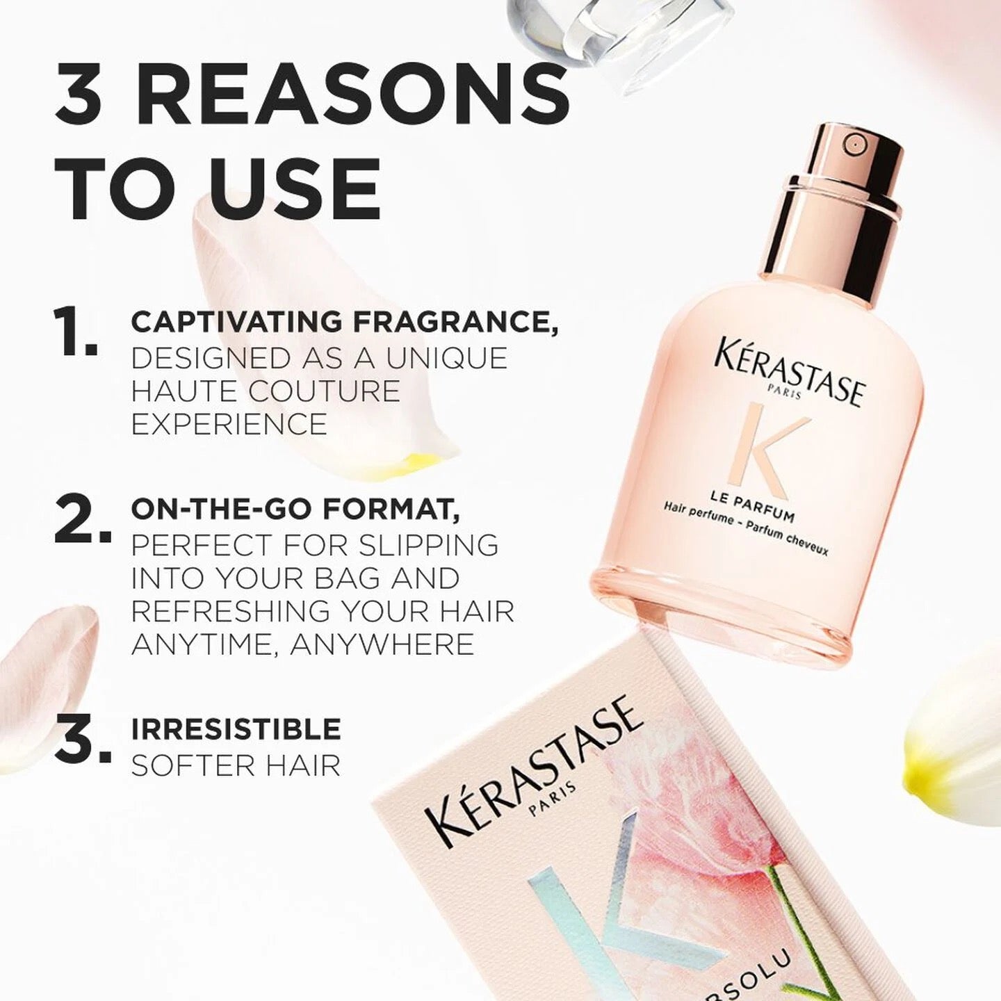 Kérastase hair product with text listing reasons to use it
