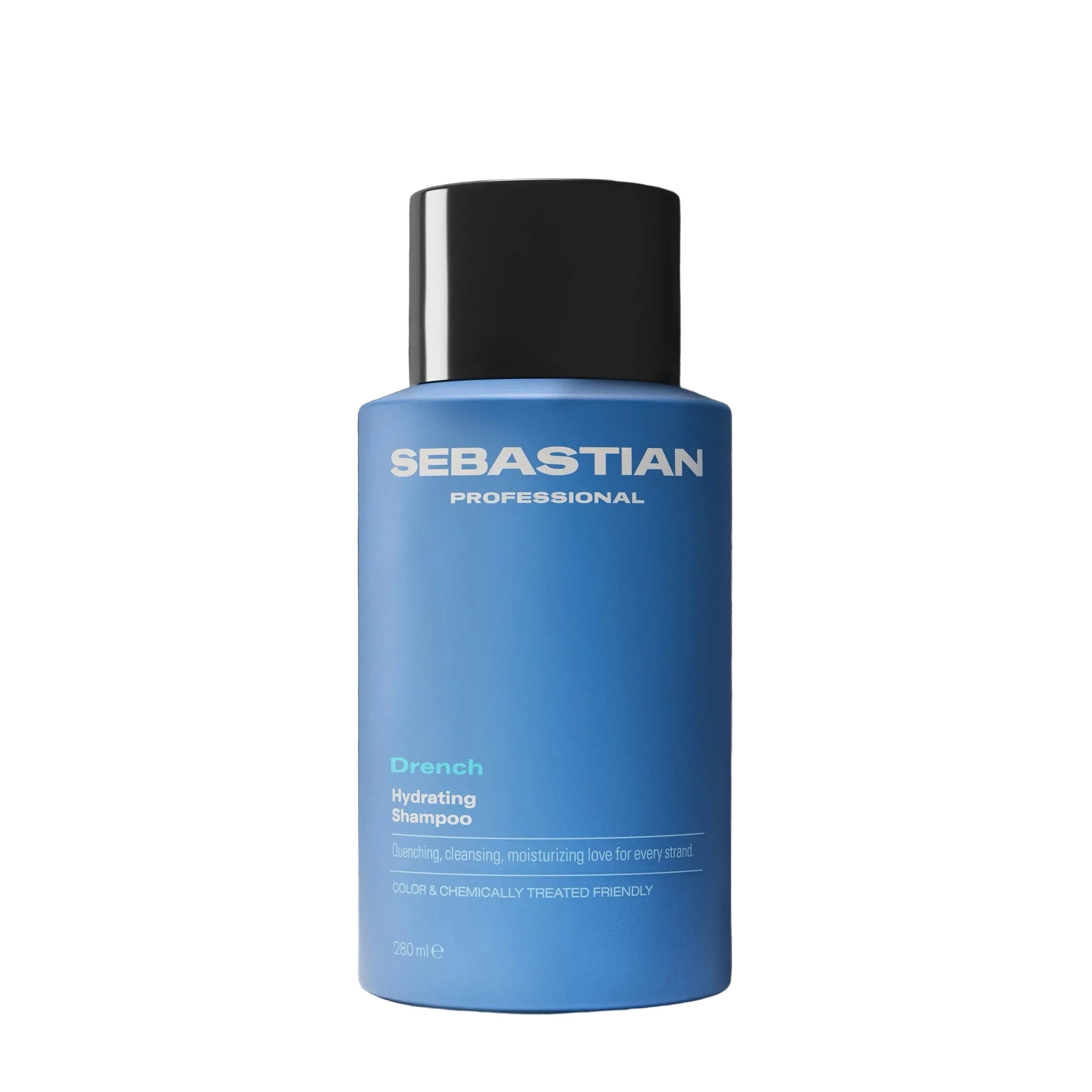 Blue shampoo bottle with black cap on a gray background