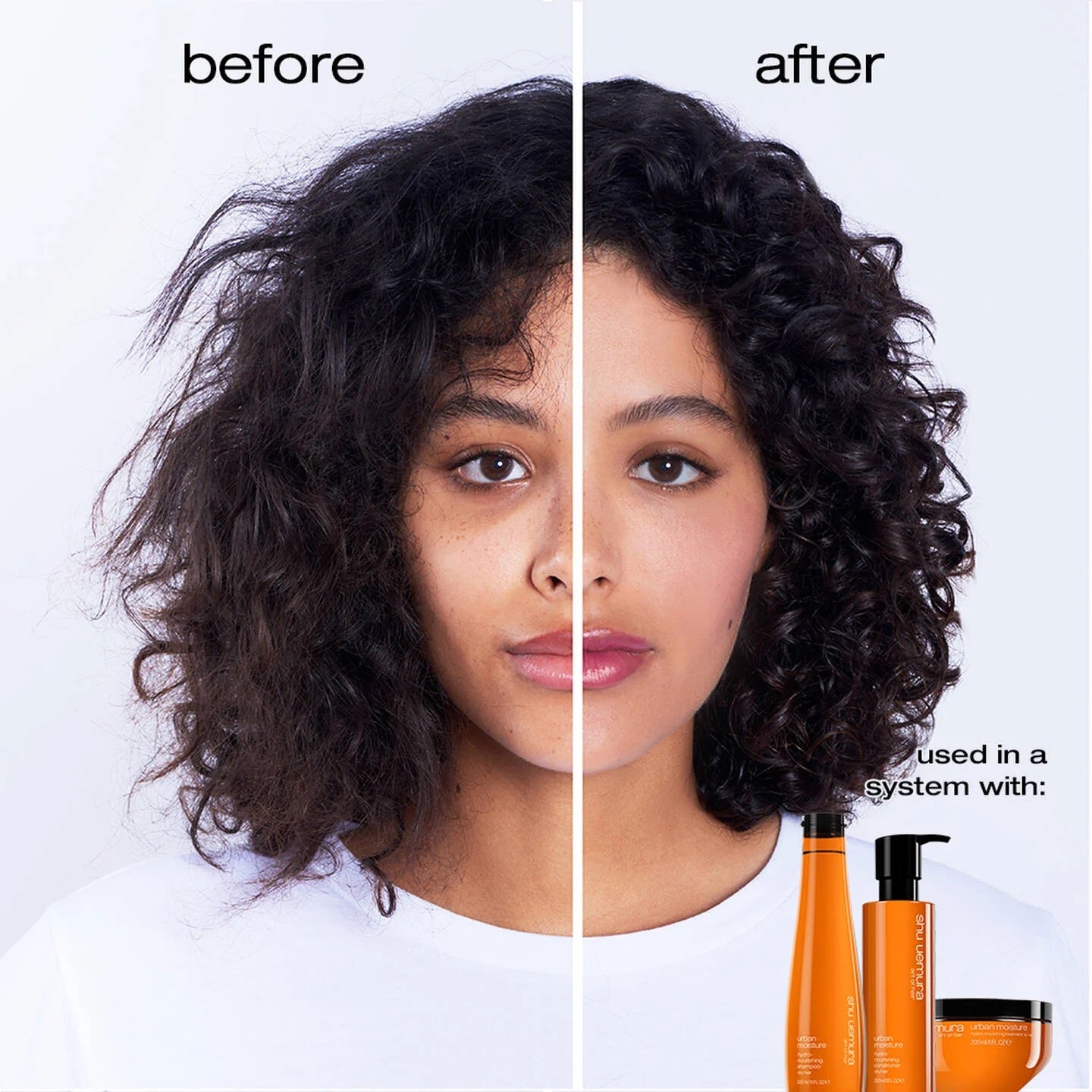 Before and after comparison of hair with products on a white background