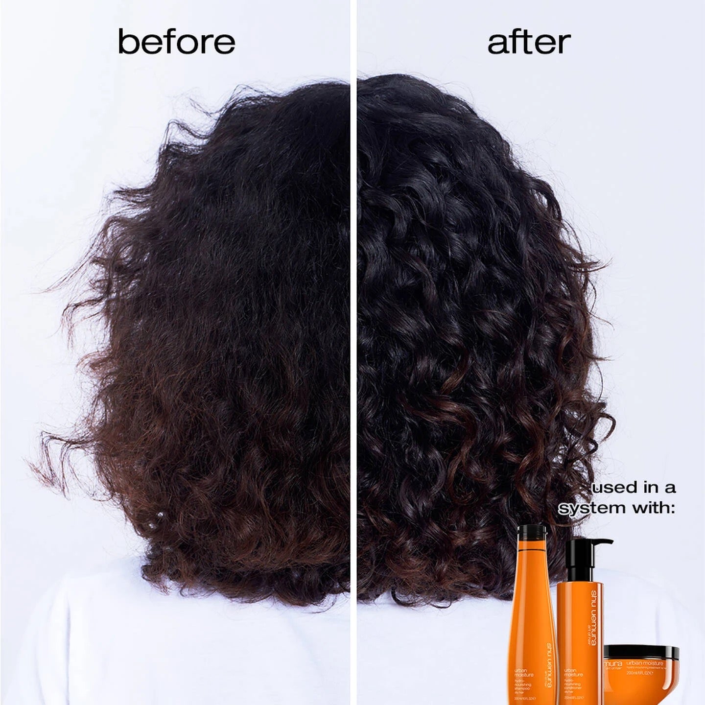 Before and after comparison of hair with product bottles displayed.