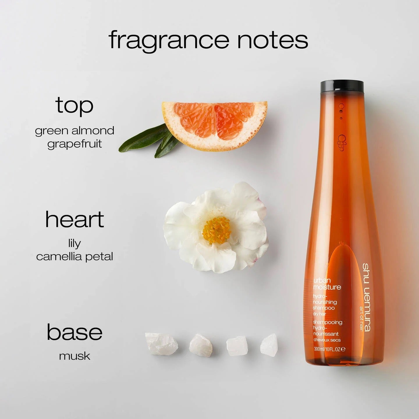 Shu Uemura Urban Moisture Shampoo | Hydrate Dry Hair Canada
ottle with fragrance notes displayed on a light background