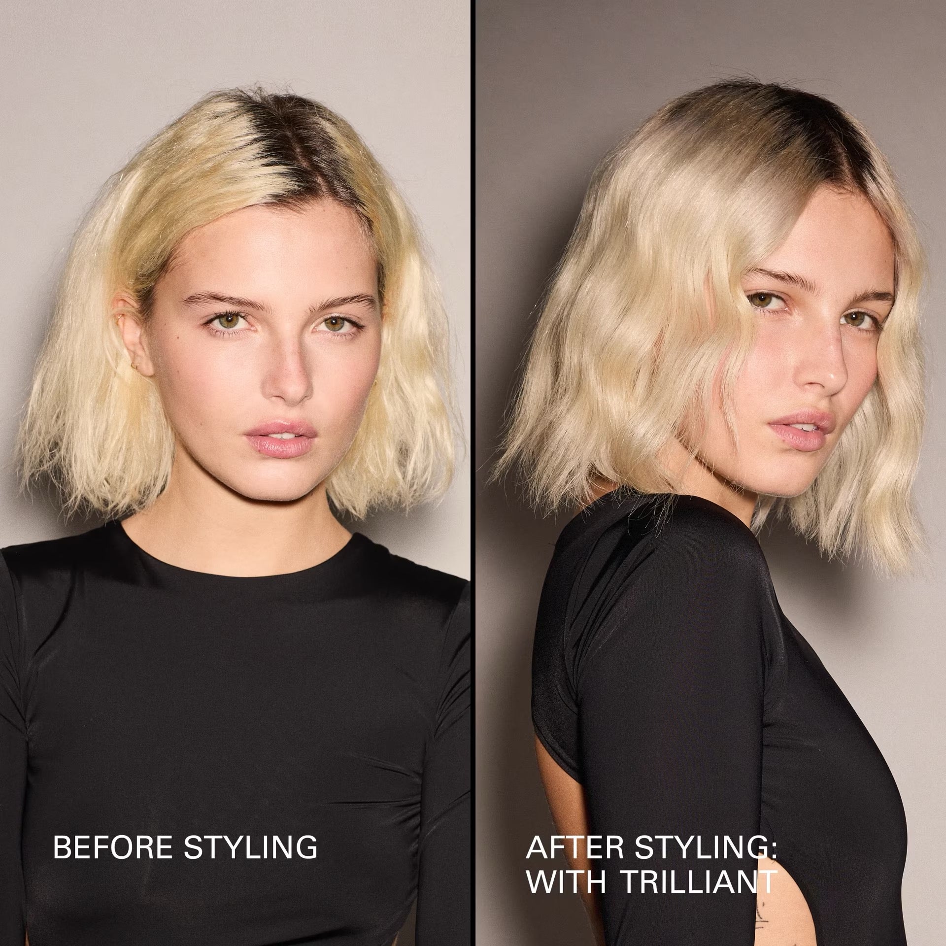 Before and after styling comparison of a person with blonde hair, wearing a black shirt.