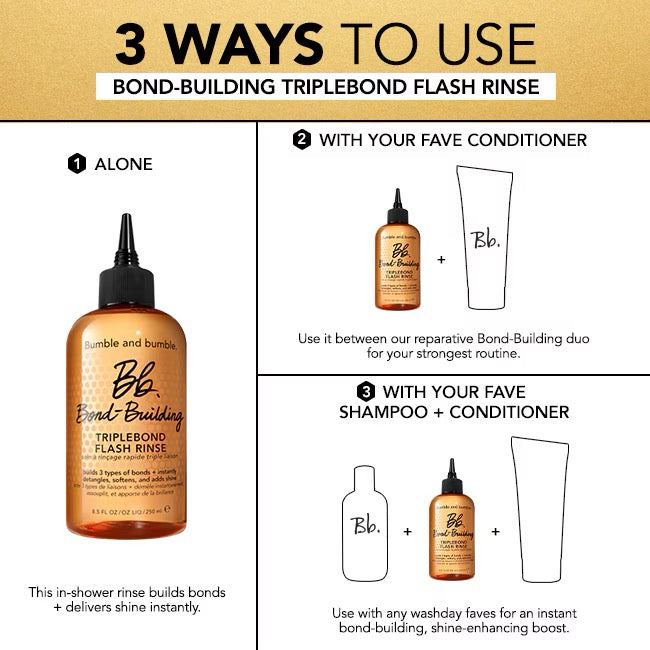 Instructions on how to use Bumble and Bumble Bond-Building TripleBond Flash Rinse with different hair care products.