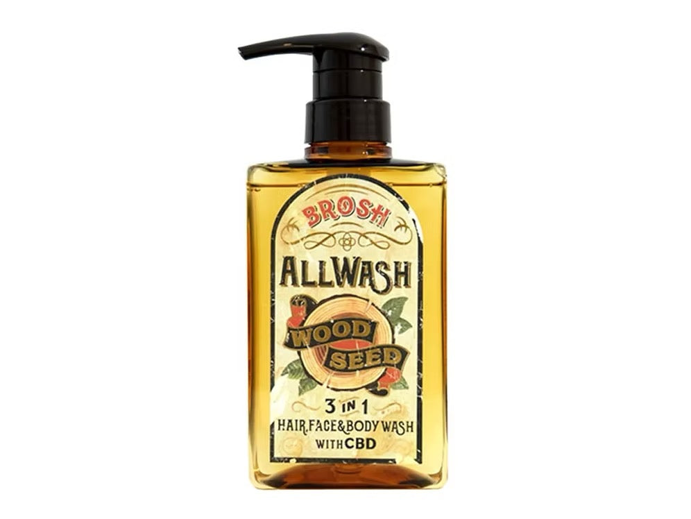 Brosh Allwash Wood Spirit 3 in 1 Hair Face & Body Wash with CBD in a rectangular amber bottle with a black pump dispenser, shown against a plain white background.