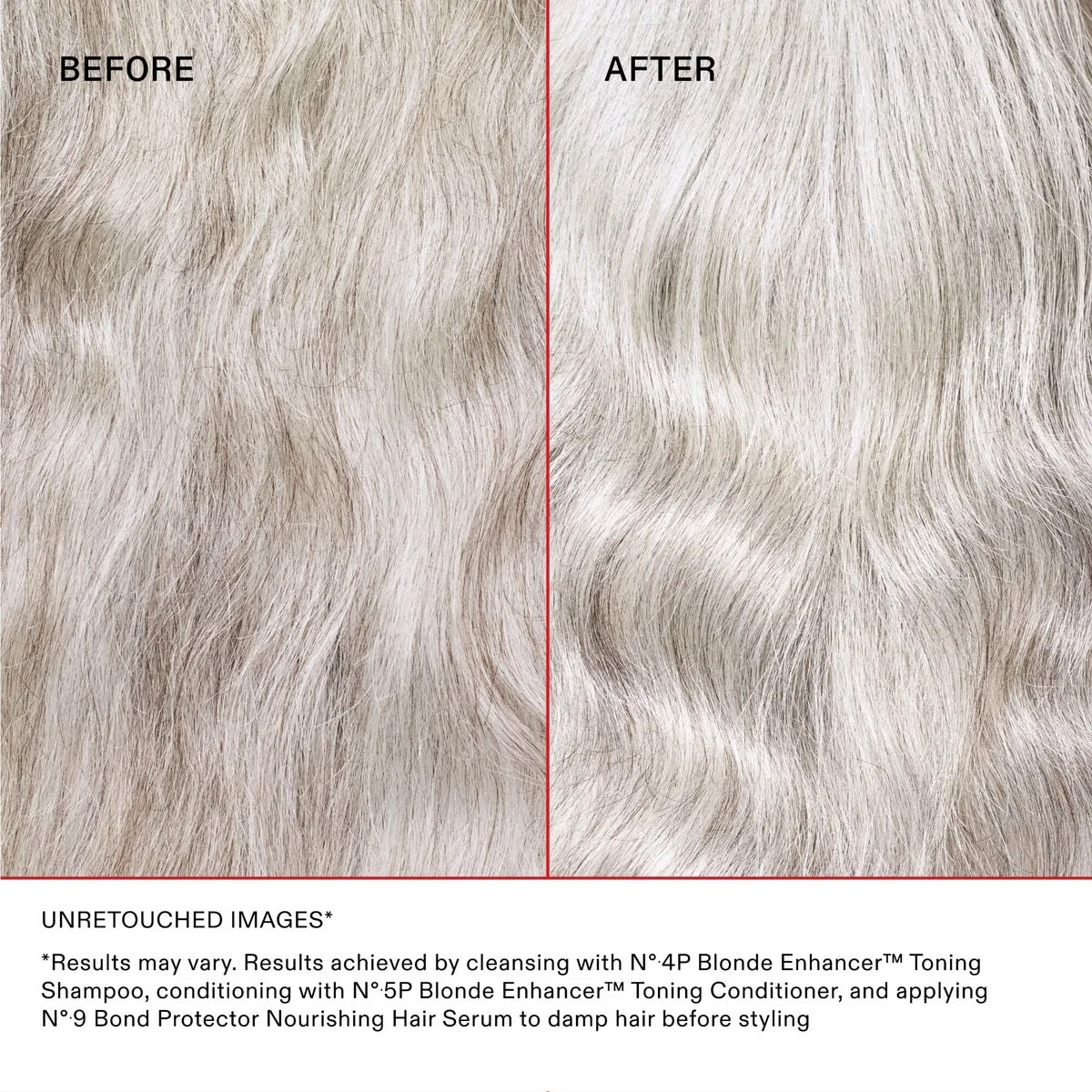 Before and after comparison of hair color treatment with text indicating product usage.