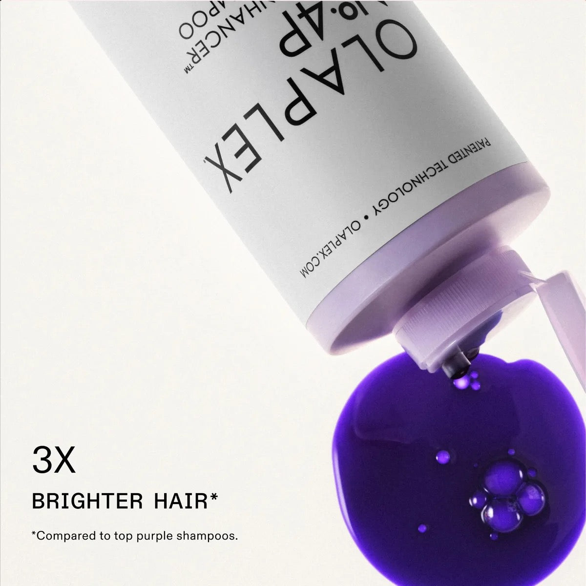 OLAPLEX hair product with purple liquid being poured, on a white background.