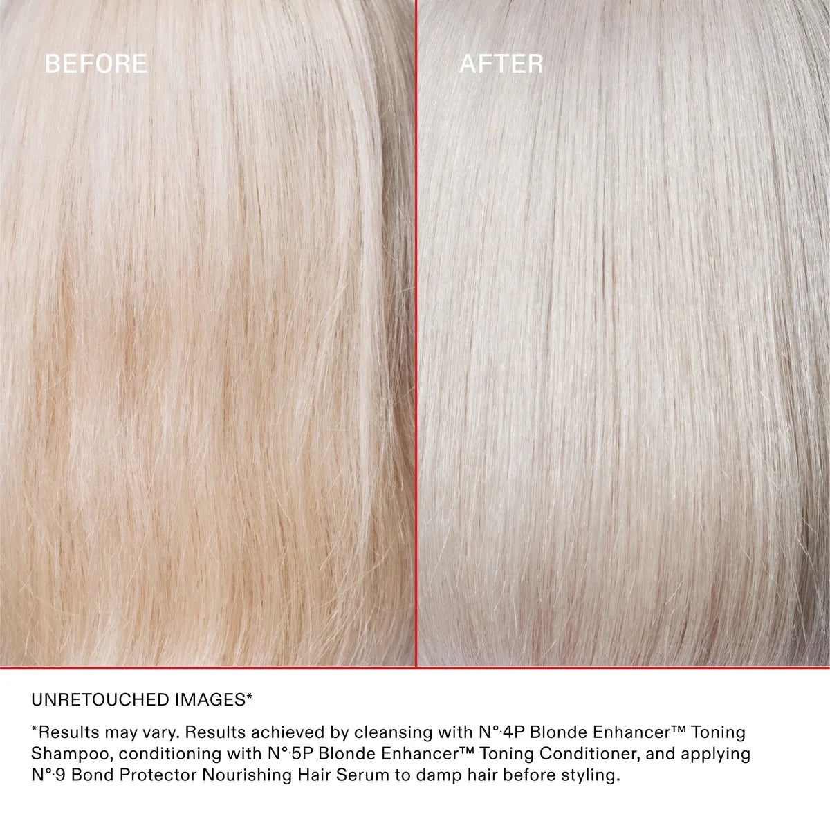 Before and after comparison of blonde hair color with text about hair care products.