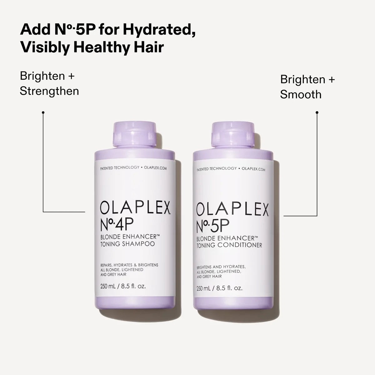 Two bottles of Olaplex hair care products 
OLAPLEX No.4P Blonde Enhancer Toning Shampoo bottle for blonde, grey, and lightened hair. Curious Salons