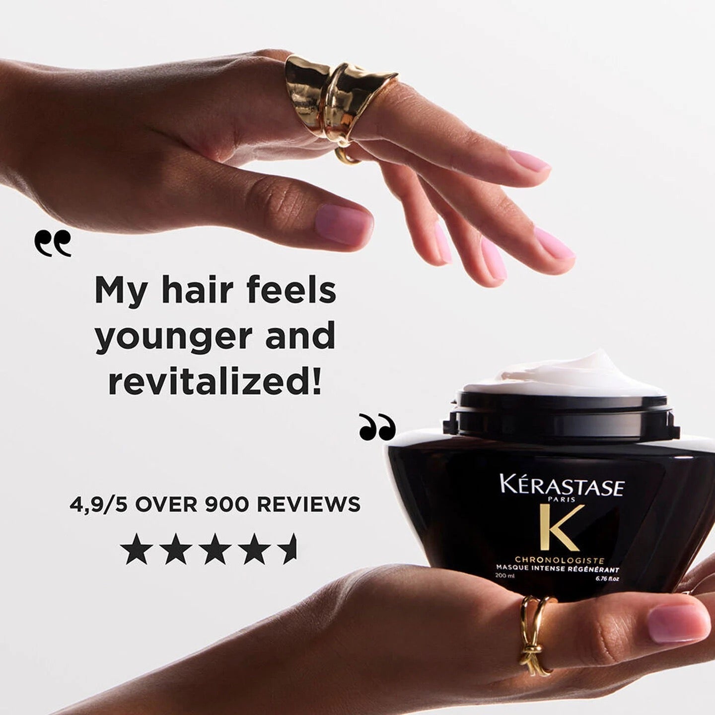 Kérastase hair care product with a hand holding it, text about hair revitalization and reviews.