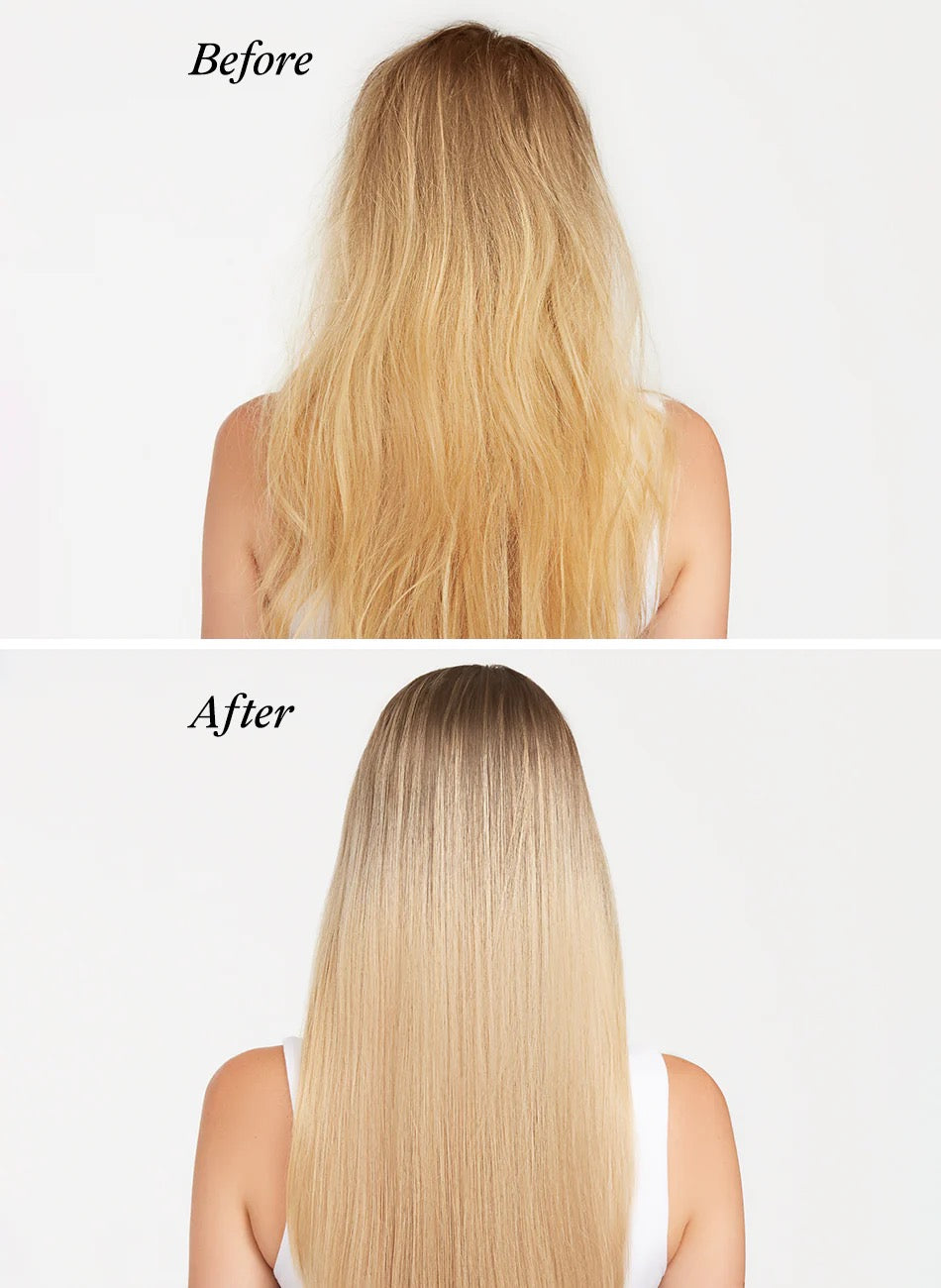 Before and after comparison of blonde hair extensions UNITE BLONDA Toning Shampoo bottle for blonde, highlighted, silver, and grey hair
