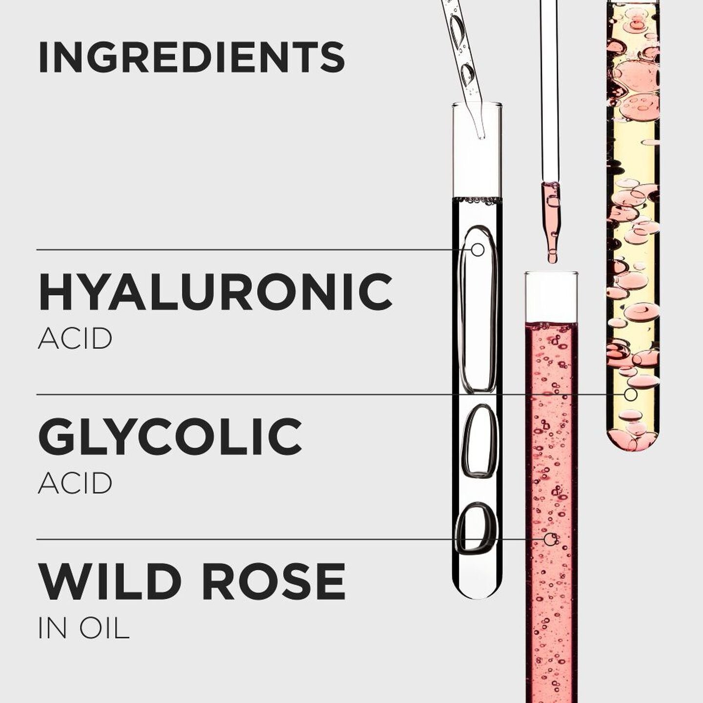 Illustration of skincare product ingredients with test tubes labeled 'Hyaluronic Acid', 'Glycolic Acid', and 'Wild Rose in Oil'.