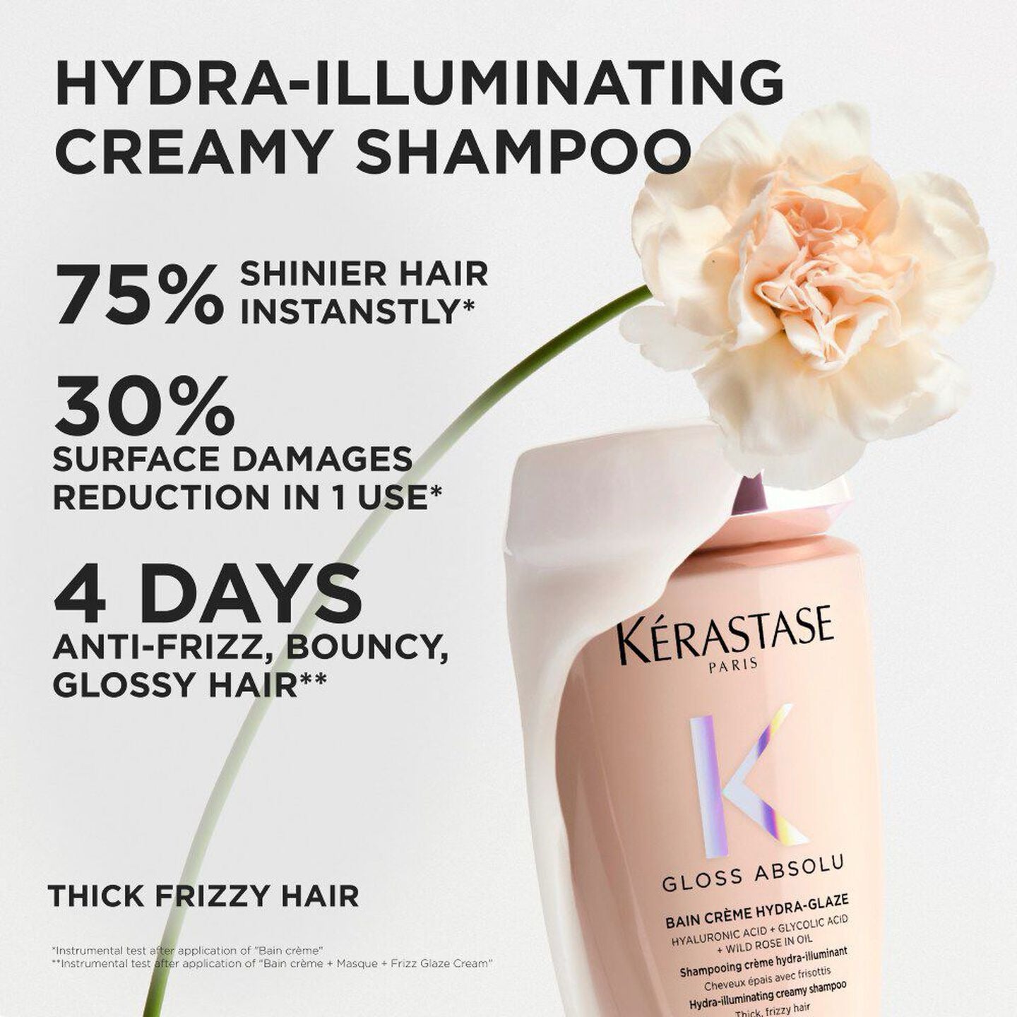 Kérastase shampoo bottle with a flower on a white background