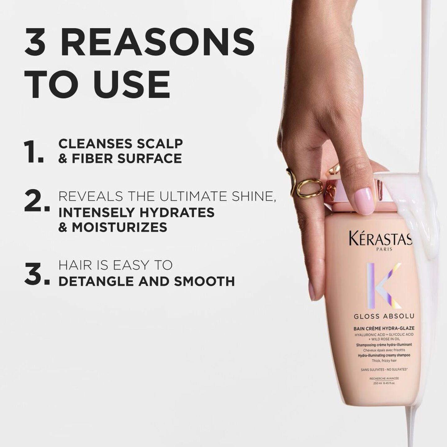 Kérastase hair care product with text listing reasons to use it on a white background