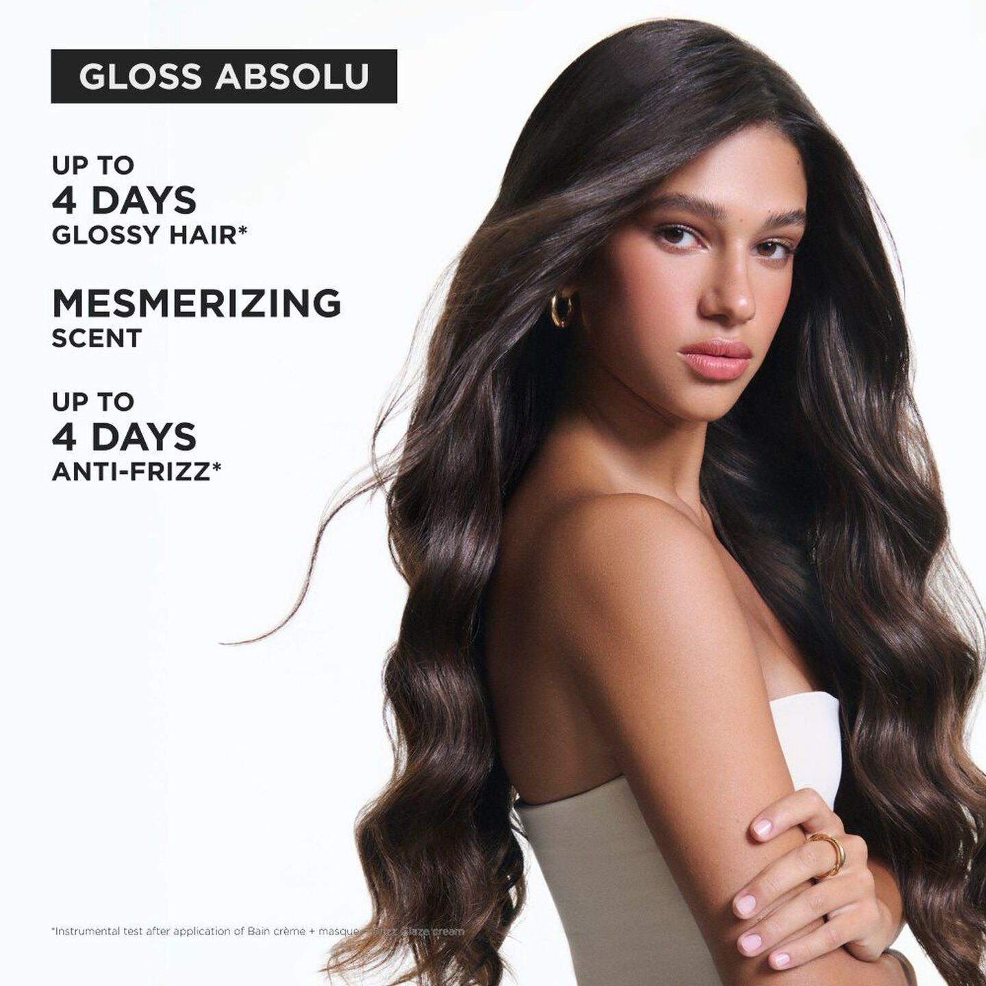 Woman with long, wavy hair featuring Gloss Absolu product details on a white background