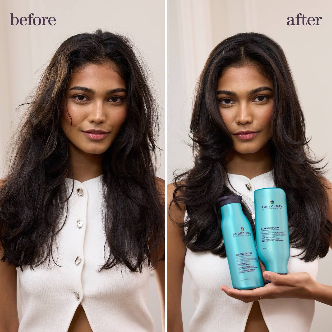 Before and after comparison of a woman with long hair, holding Pureology Strength Cure Shampoo for damaged colour-treated hair in Canada