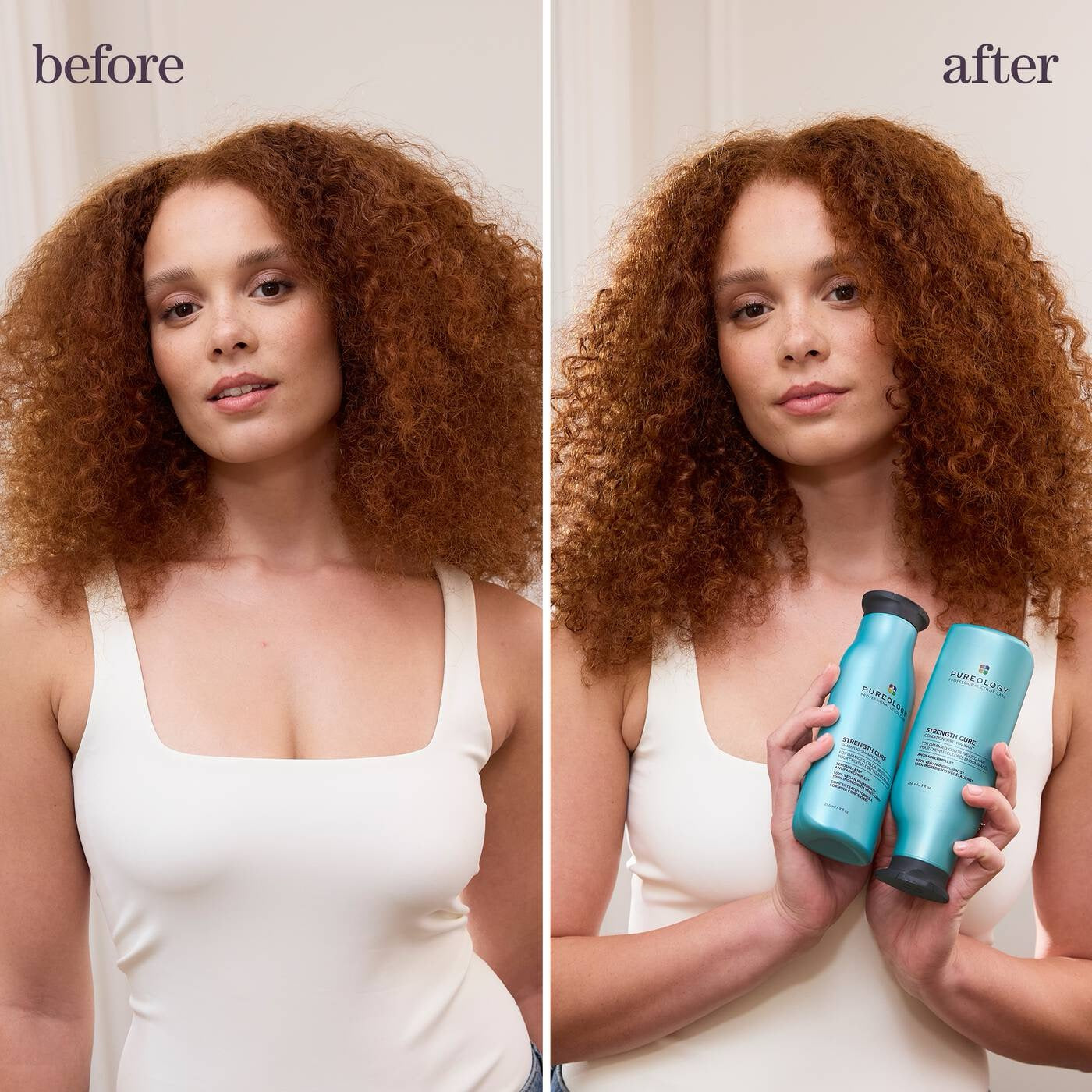 Pureology Strength Cure Shampoo for damaged colour-treated hair in Canada Before and after comparison of a woman with curly hair holding two bottles.