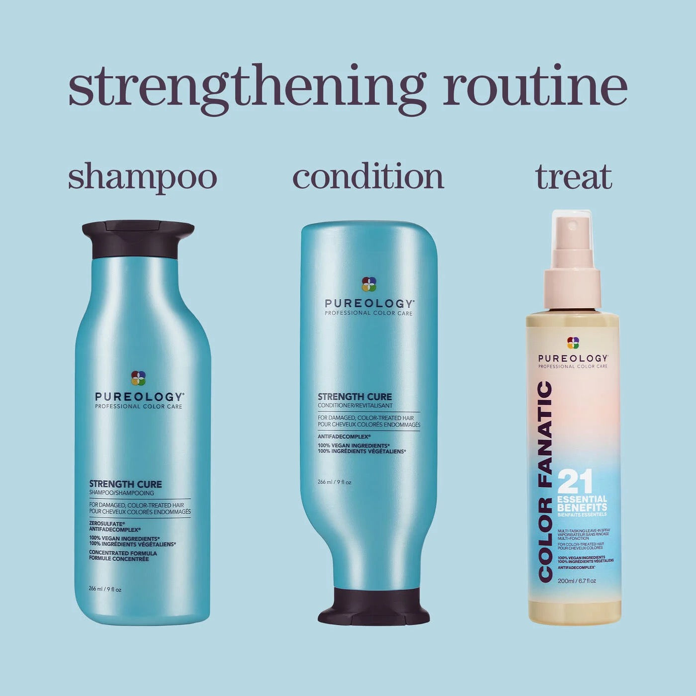 Three Pureology Strength Cure Shampoo for damaged colour-treated hair in Canada care products labeled 'shampoo', 'condition', and 'treat' on a light blue background.