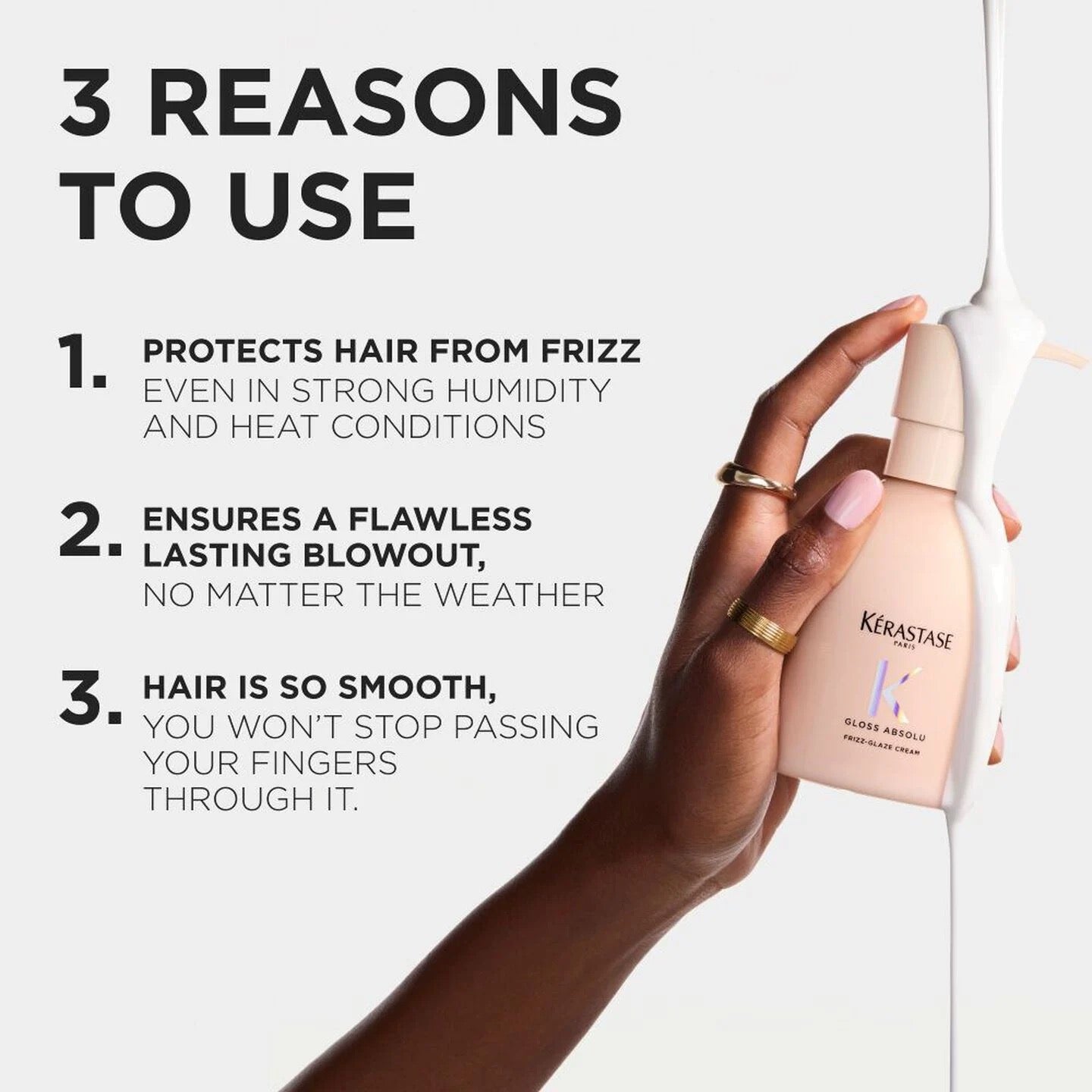 Kérastase product with text on 3 reasons to use it, held by a hand.
