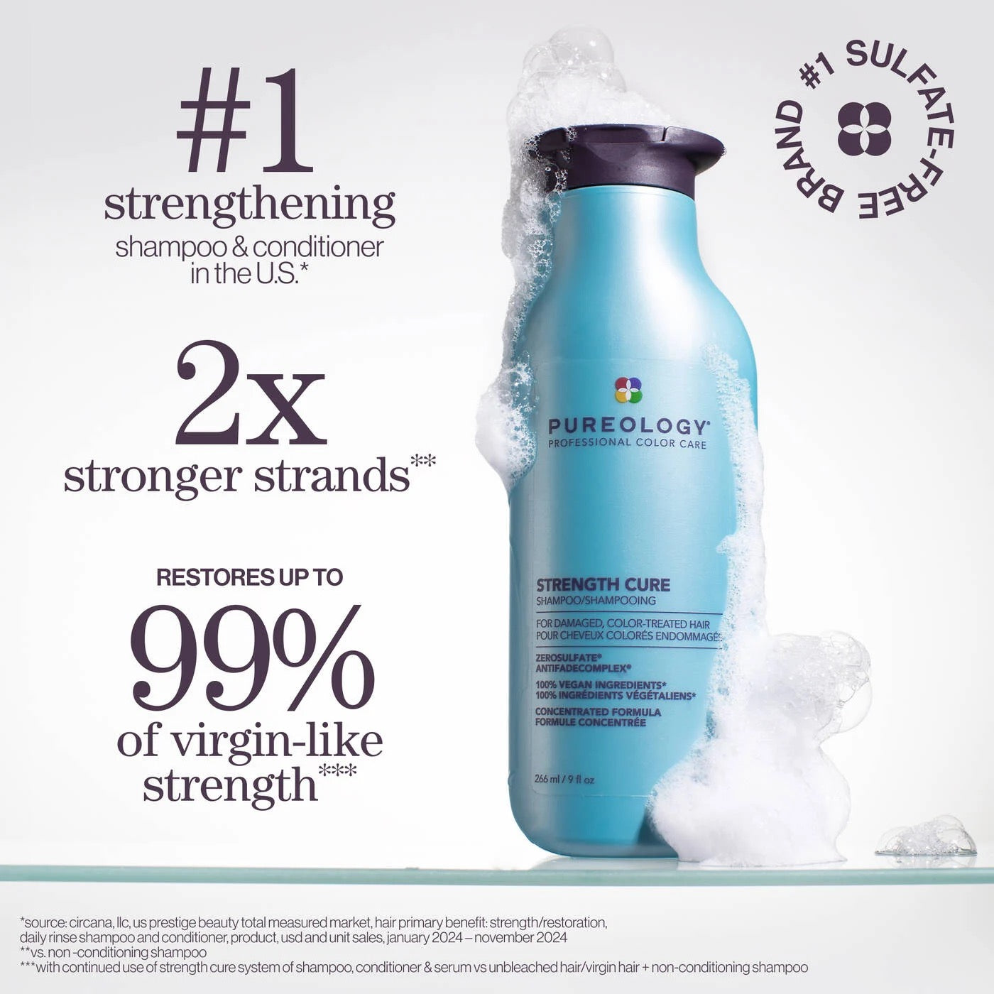 Pureology Strength Cure Shampoo for damaged colour-treated hair in Canada at Curious Salon shampoo bottle with product claims 