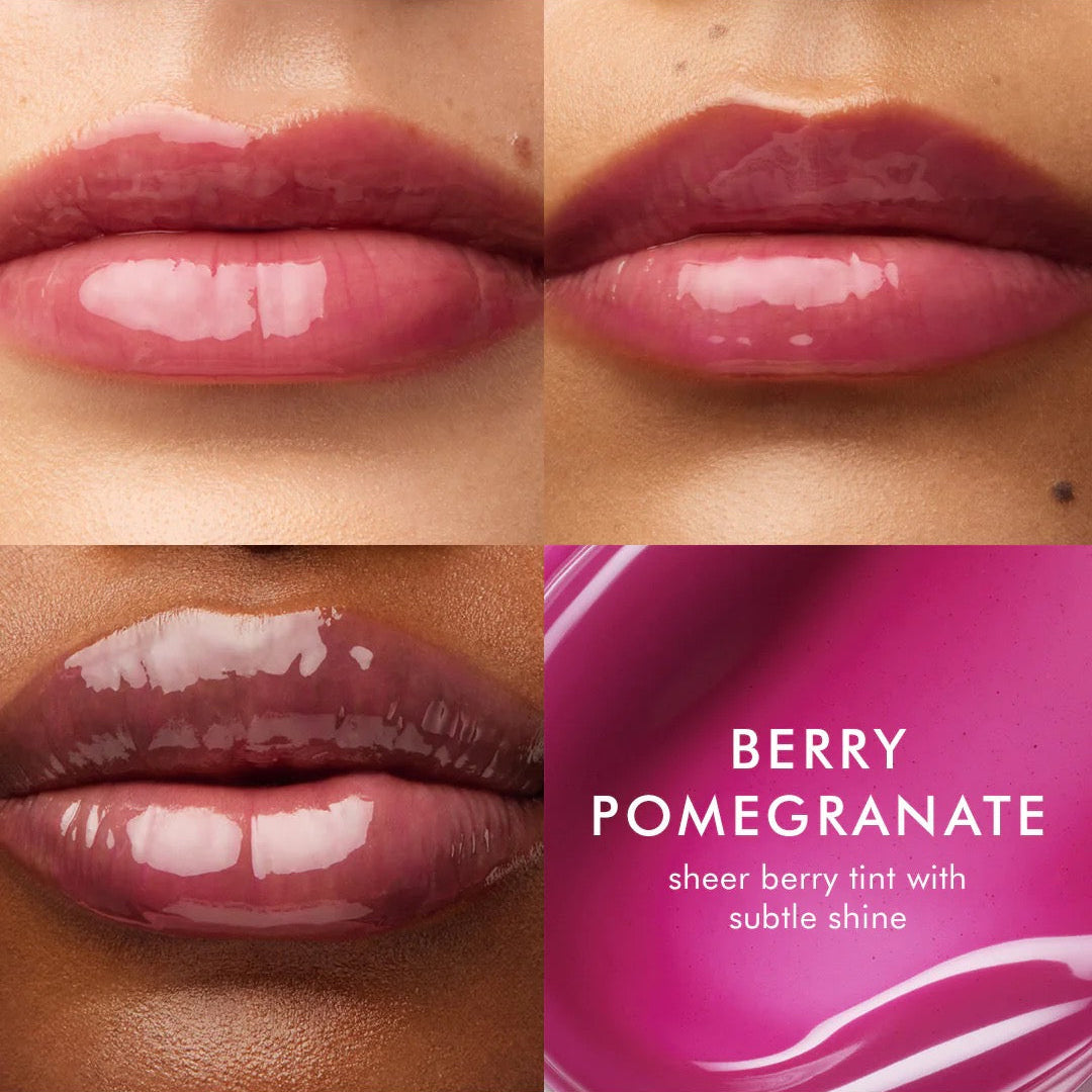 Lipstick shade swatches labeled 'Berry Pomegranate' on a neutral background