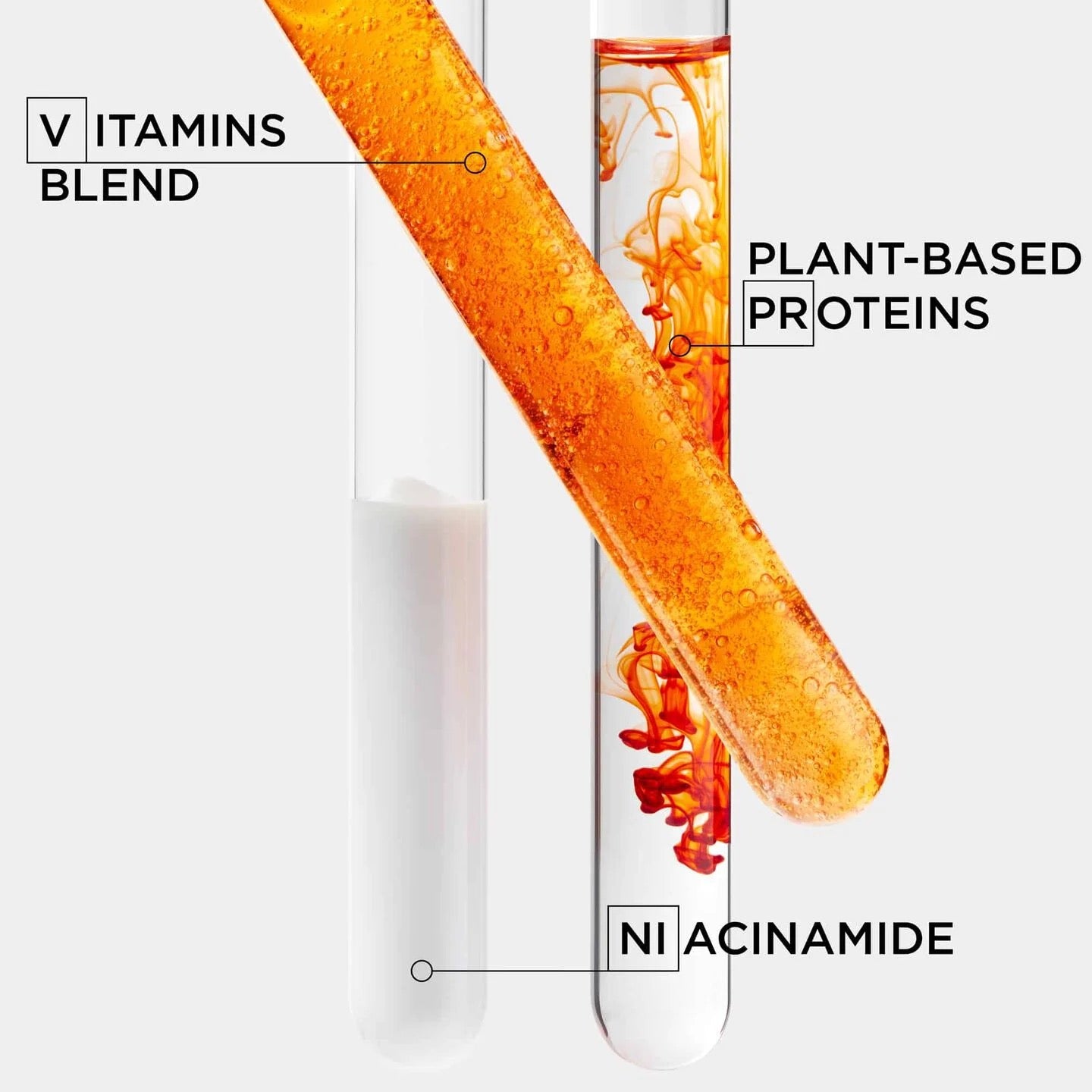 Orange liquid in a test tube labeled 'Vitamins Blend', 'Plant-Based Proteins', and 'Niacinamide' on a white background.