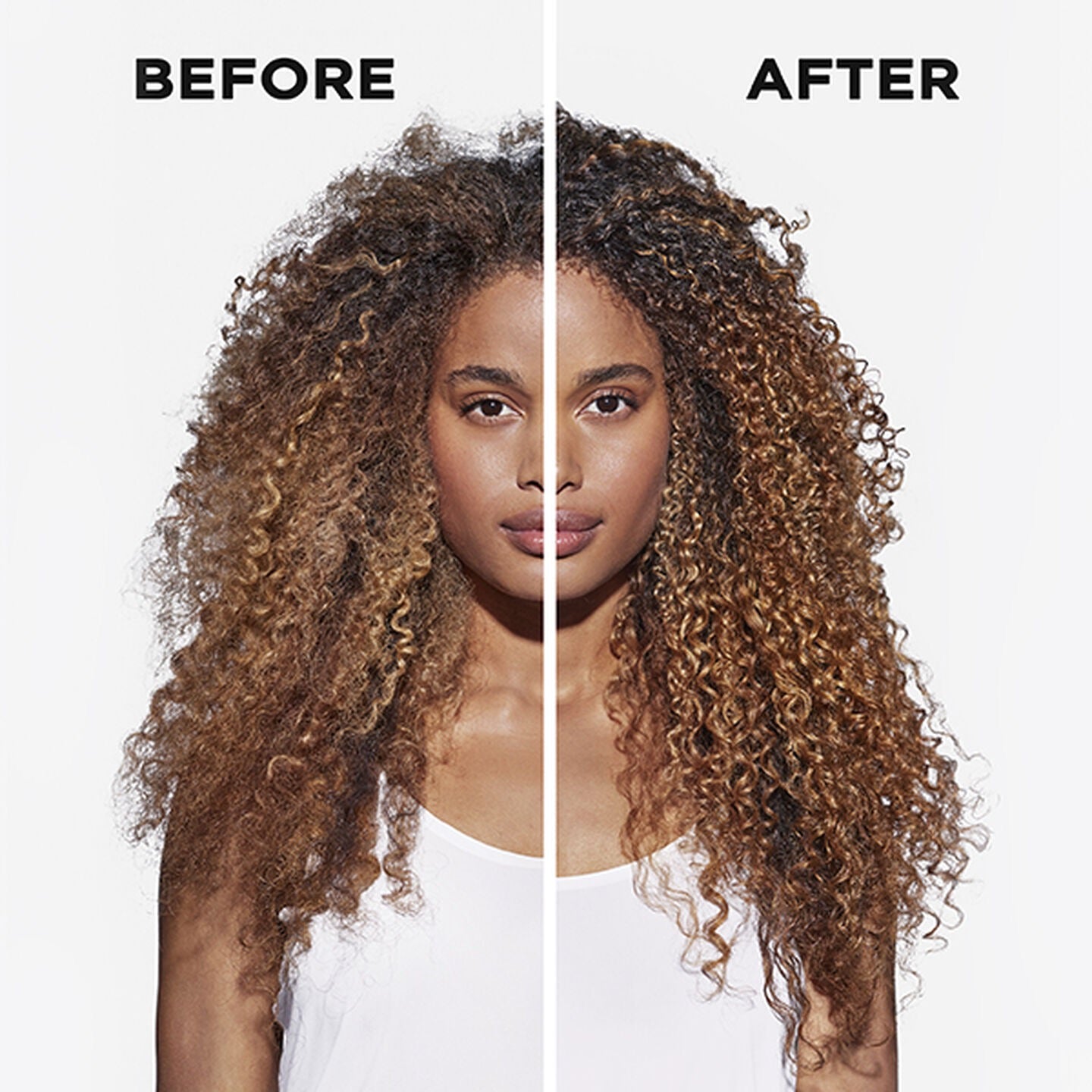 Before and after comparison of a woman with curly hairKérastase Chroma Absolu Bain Riche Chroma Respect Shampoo for colour-treated hair in Canada at Curious Salons 
