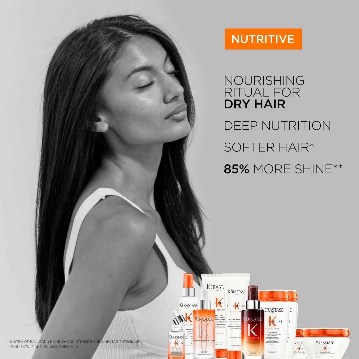 Woman with long hair next to Kerastase hair care products with text about a nourishing ritual for dry hair.