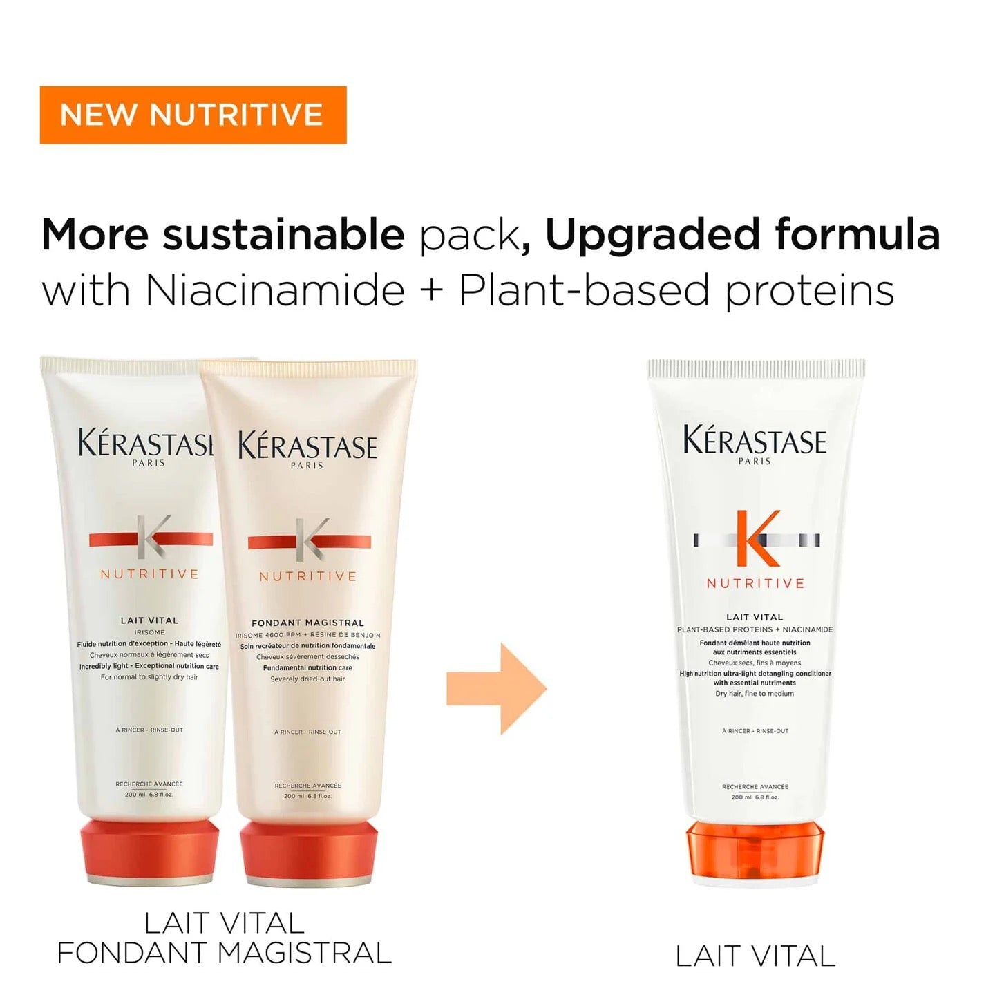 Kérastase Nutritive hair care products with text about a more sustainable pack and upgraded formula.