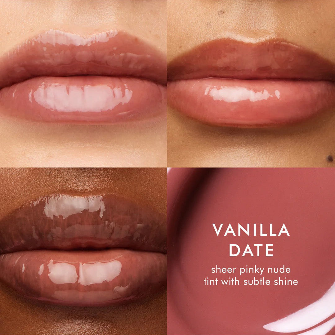 Collage of lips with 'Vanilla Date' lipstick shade on a beige background