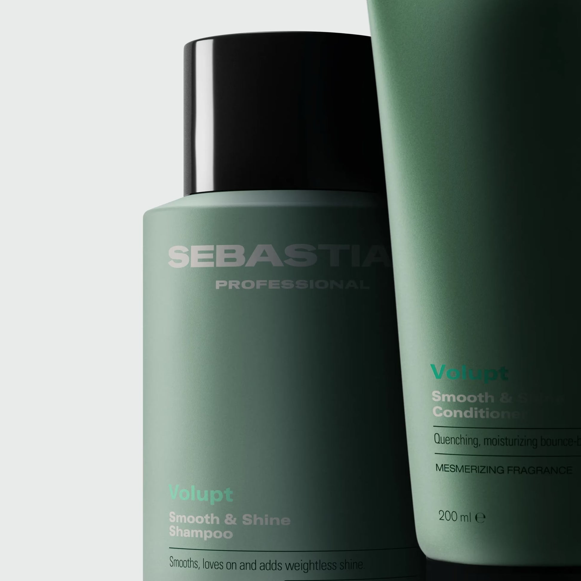 Two green bottles of Sebastian Professional hair care products on a light gray background