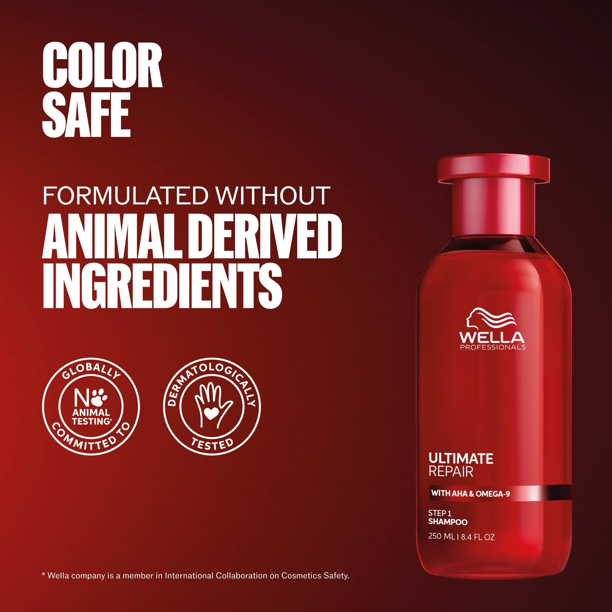 Wella Ultimate Repair Shampoo bottle for damaged hair repair and professional Wella haircare in Canada shampoo bottle on a red background with text about color safety and animal-free ingredients.