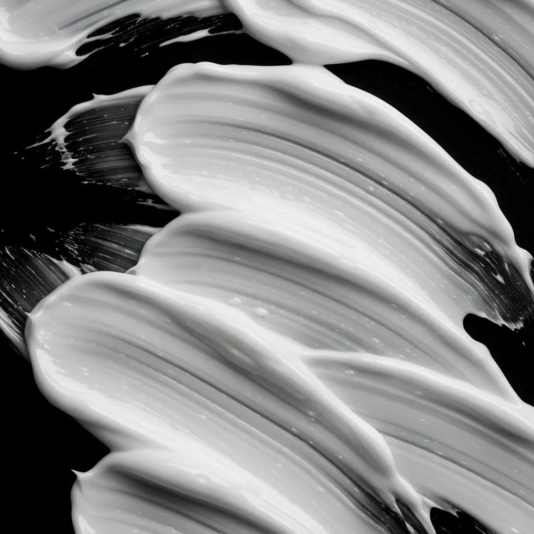 Close-up of black and white paint swatches on a textured surface