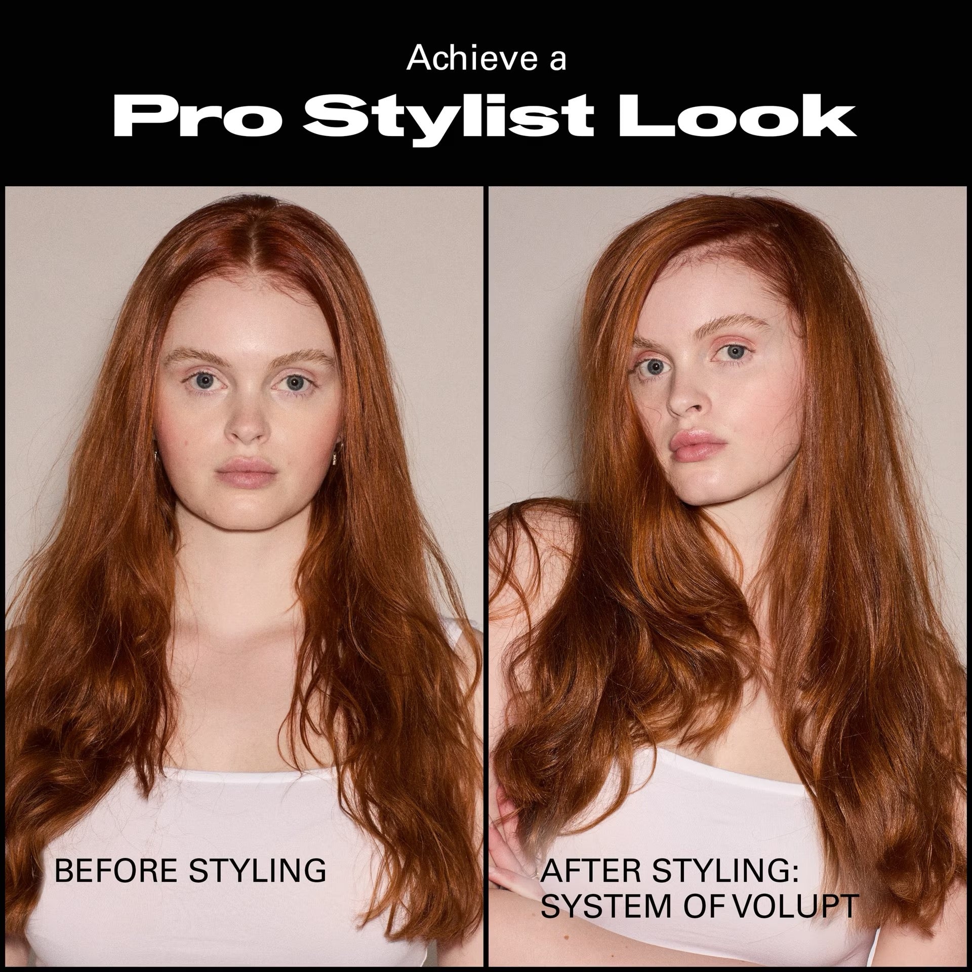Before and after styling comparison of a woman's hair with text 'Achieve a Pro Stylist Look'.