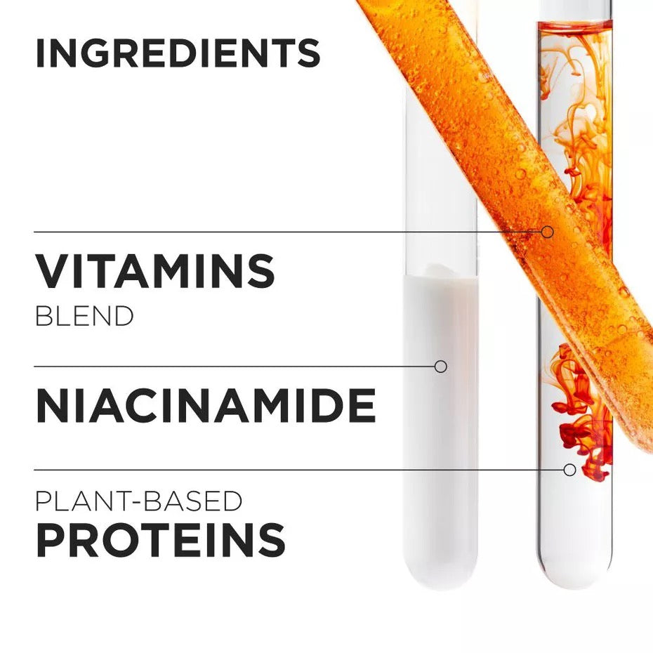 Promotional graphic for a plant-based protein powder or supplement, featuring text listing ingredients: vitamins blend, niacinamide, and plant-based proteins, alongside two test tubes showing white powder and orange liquid.