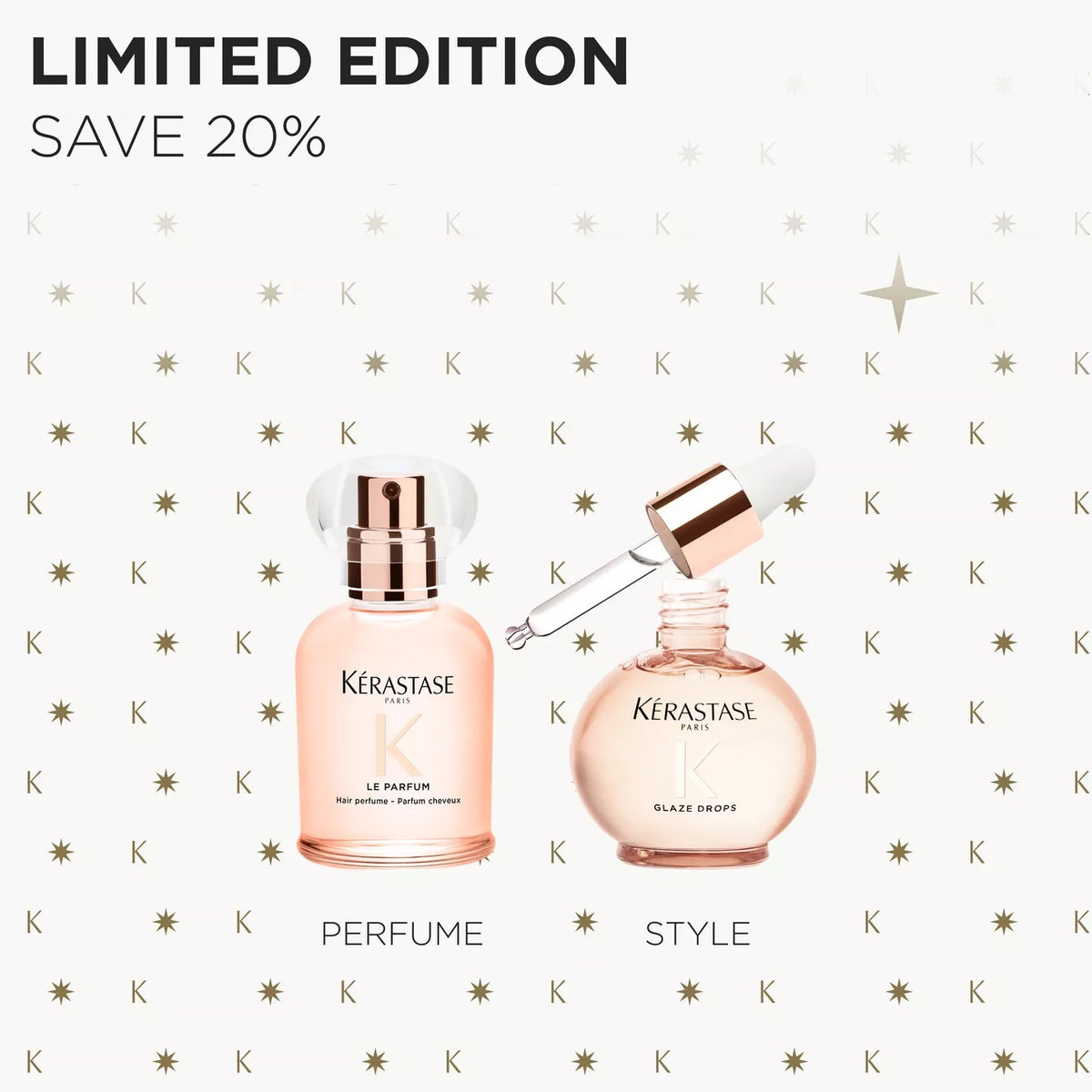 Promotional graphic for Kérastase perfume and style limited edition, showing two pale pink glass bottles with rose-gold metallic accents on a white background with repeating gold K motifs and the text 'LIMITED EDITION SAVE 20%'.