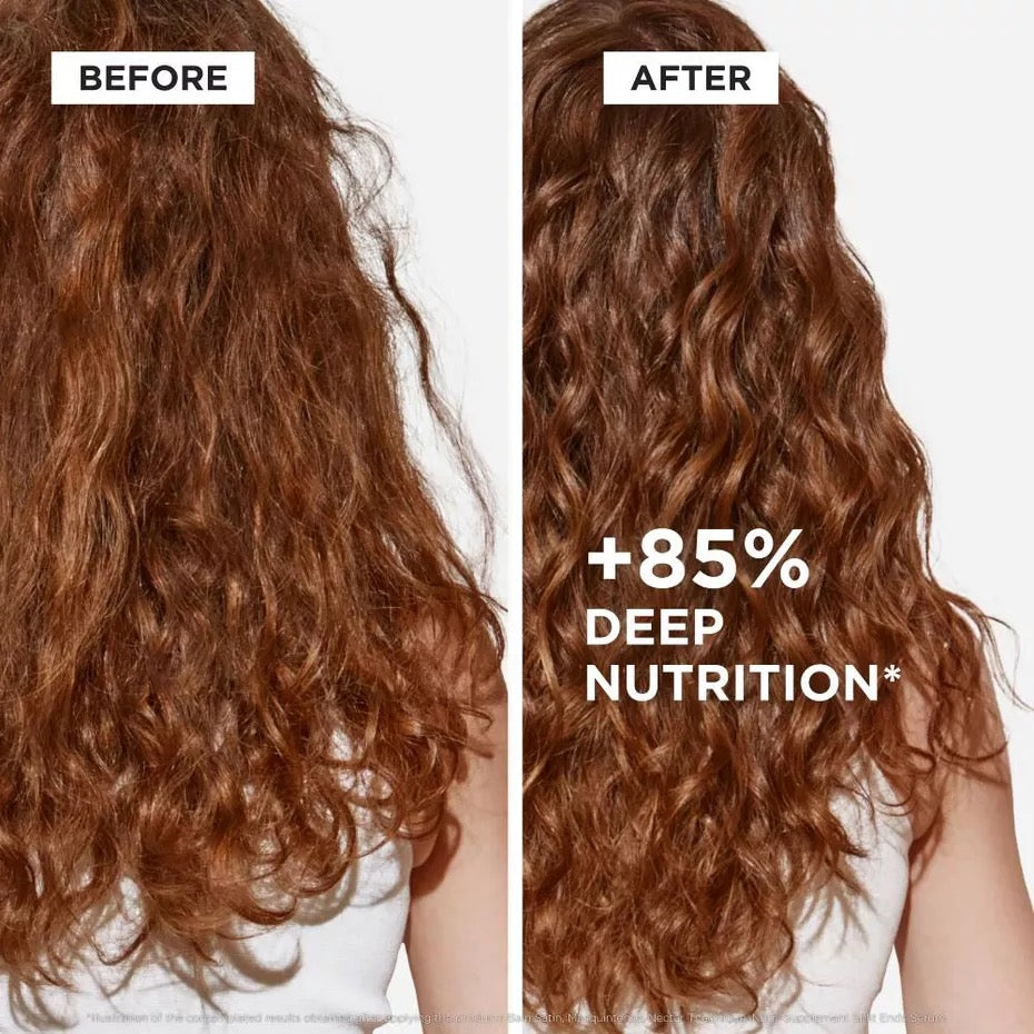 Before and after comparison of long, wavy brown hair, showing frizzy, dry-looking hair on the left labeled BEFORE, and smoother, shinier, more defined hair on the right labeled AFTER, with the text '+85% DEEP NUTRITION*' over the right side.