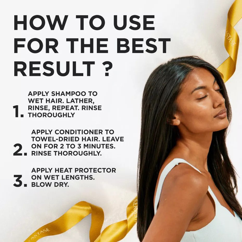 Instructional graphic with the text 'HOW TO USE FOR THE BEST RESULT?' and three numbered steps for shampooing, conditioning, and heat protecting hair. A woman with long dark hair appears on the right side, and gold ribbon graphics decorate the white background.