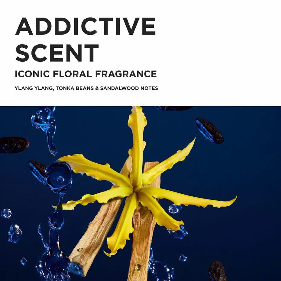 Promotional graphic for 'Addictive Scent' fragrance, featuring a white header with black text and a dark blue lower section showing a yellow flower on wooden sticks surrounded by blue droplets and dark beans.