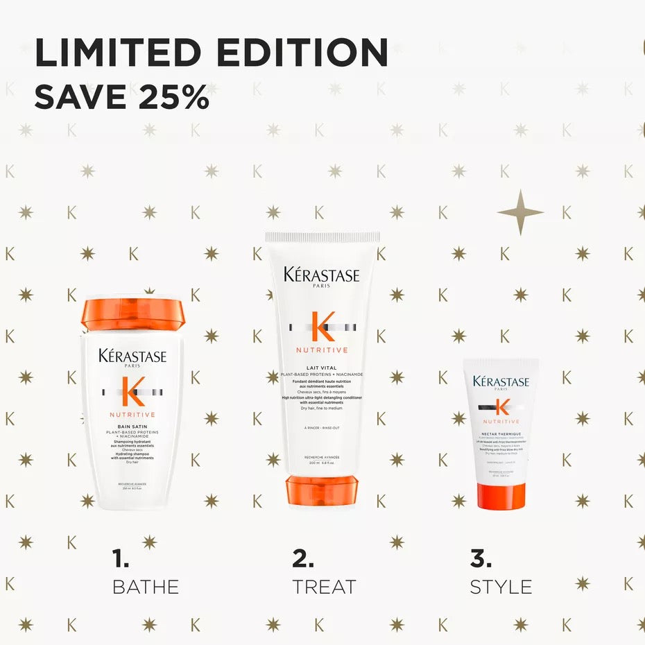 Promotional graphic for Kérastase limited edition save 25% offering three products: Bathe, Treat, and Style. The products are shown in white packaging with orange accents against a light background with gold star and K pattern motifs.