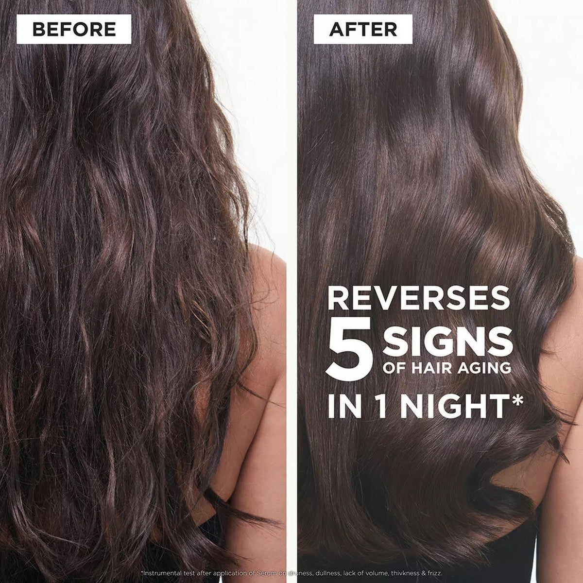 Before-and-after hair comparison showing a woman's long dark brown hair, with the left side labeled 'BEFORE' and the right side labeled 'AFTER' with text reading 'REVERSSES 5 SIGNS OF HAIR AGING IN 1 NIGHT'.