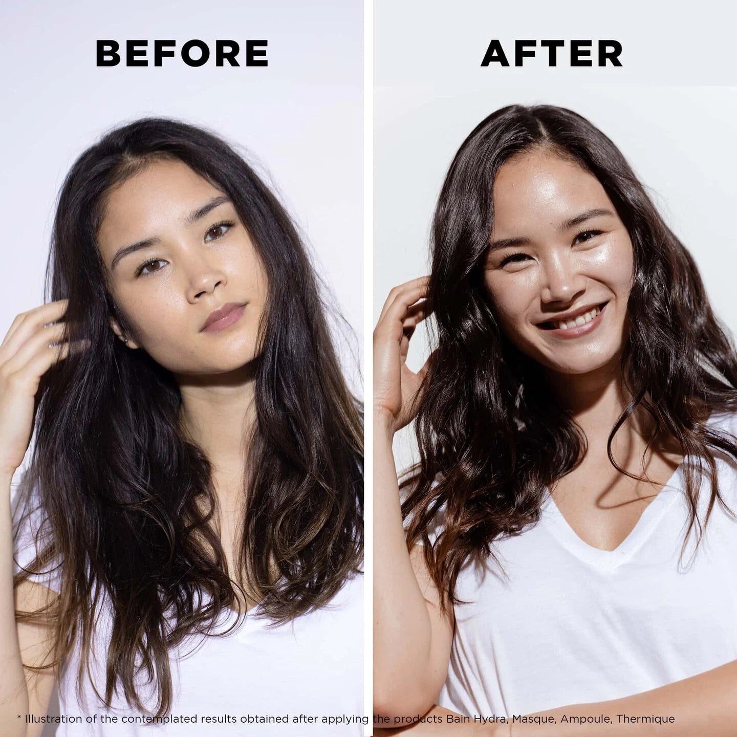 Before and after comparison of a woman with long dark hair, wearing a white shirt. Kérastase Genesis Bain Nutri-Fortifiant Shampoo for dry weakened hair in Canada