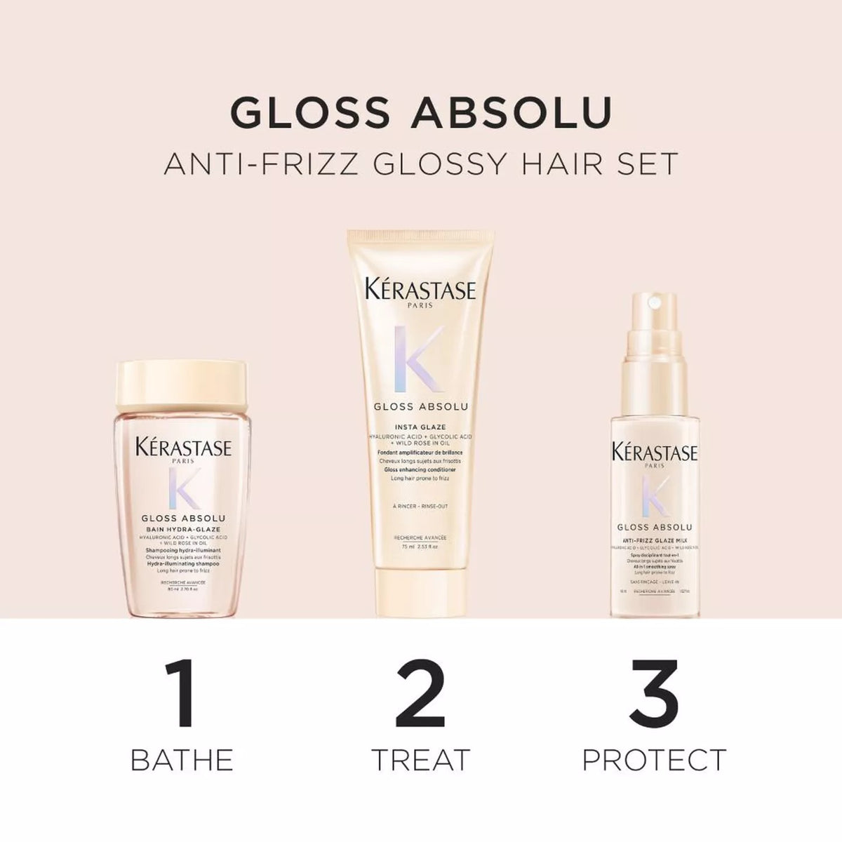 Kérastase Gloss Absolu Anti-Frizz Glossy Hair Set shown in three steps: 1 Bathe in a frosted jar, 2 Treat in a cream tube, and 3 Protect in a spray bottle, on a pale pink background with a white bottom strip.