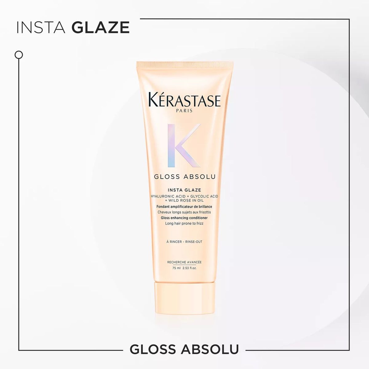 A tube of Kérastase Paris Gloss Absolu Insta Glaze hair conditioner, featuring a pale peach-beige color with a large lavender 'K' logo, centered on a white background with black text borders.