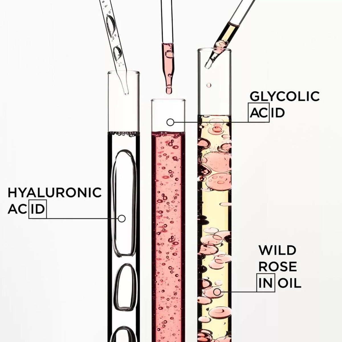 Diagram of different skincare ingredients in test tubes with labels.
