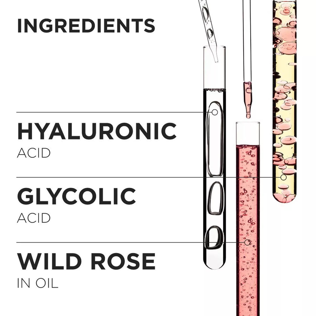 Illustration of skincare product ingredients with test tubes labeled 'Hyaluronic Acid', 'Glycolic Acid', and 'Wild Rose in Oil'.