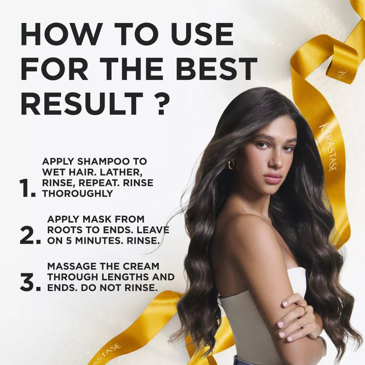 Instructional graphic with the text 'HOW TO USE FOR THE BEST RESULT?' and three numbered steps for applying a hair mask, alongside a woman with long wavy dark hair and a gold ribbon. Kérastase Gloss Absolu Hydra-Glazing 