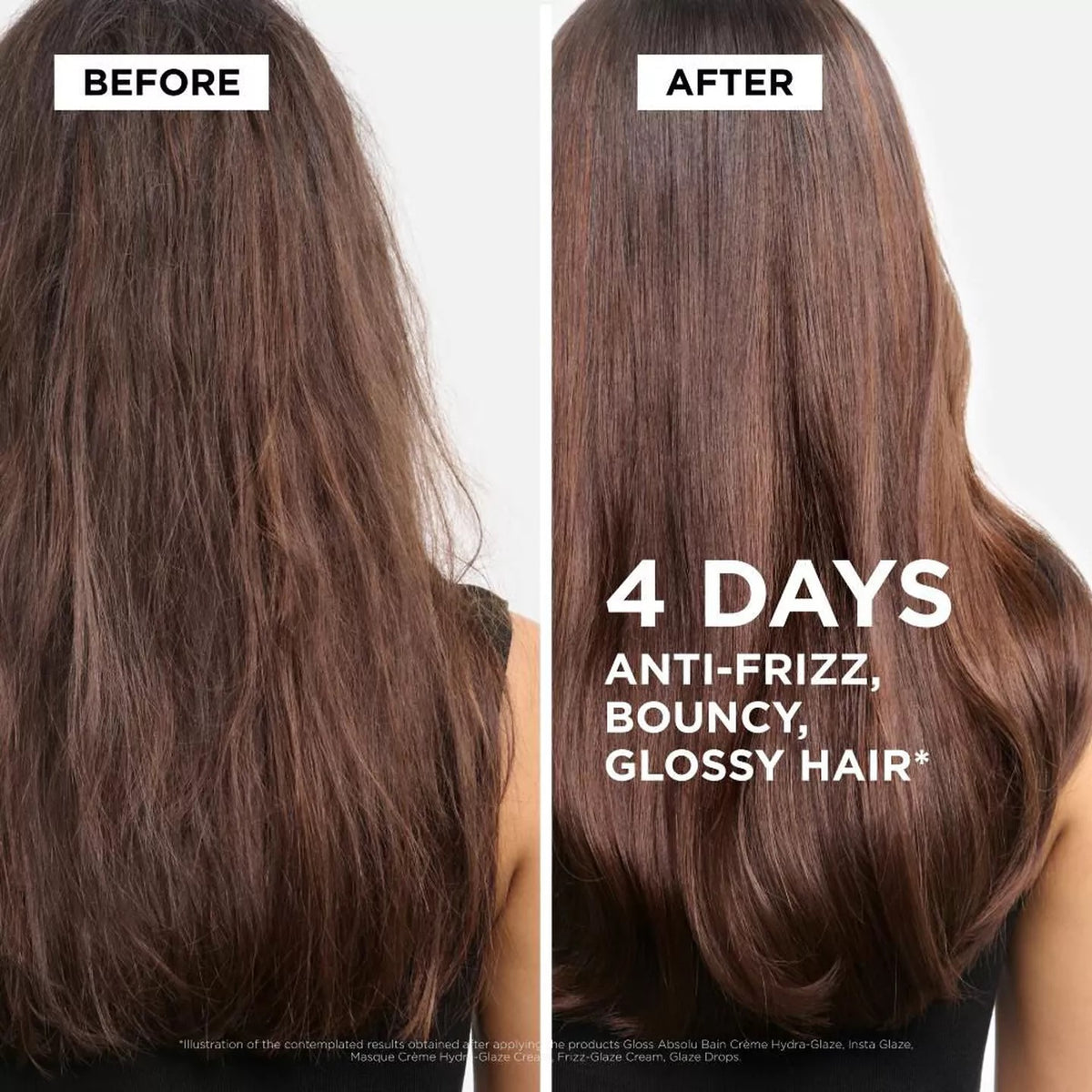 Before-and-after hair comparison showing medium brown hair on the back of a woman's head, with the right side labeled 'AFTER' and text reading 'BOUNCY, GLOSSY HAIR *'.